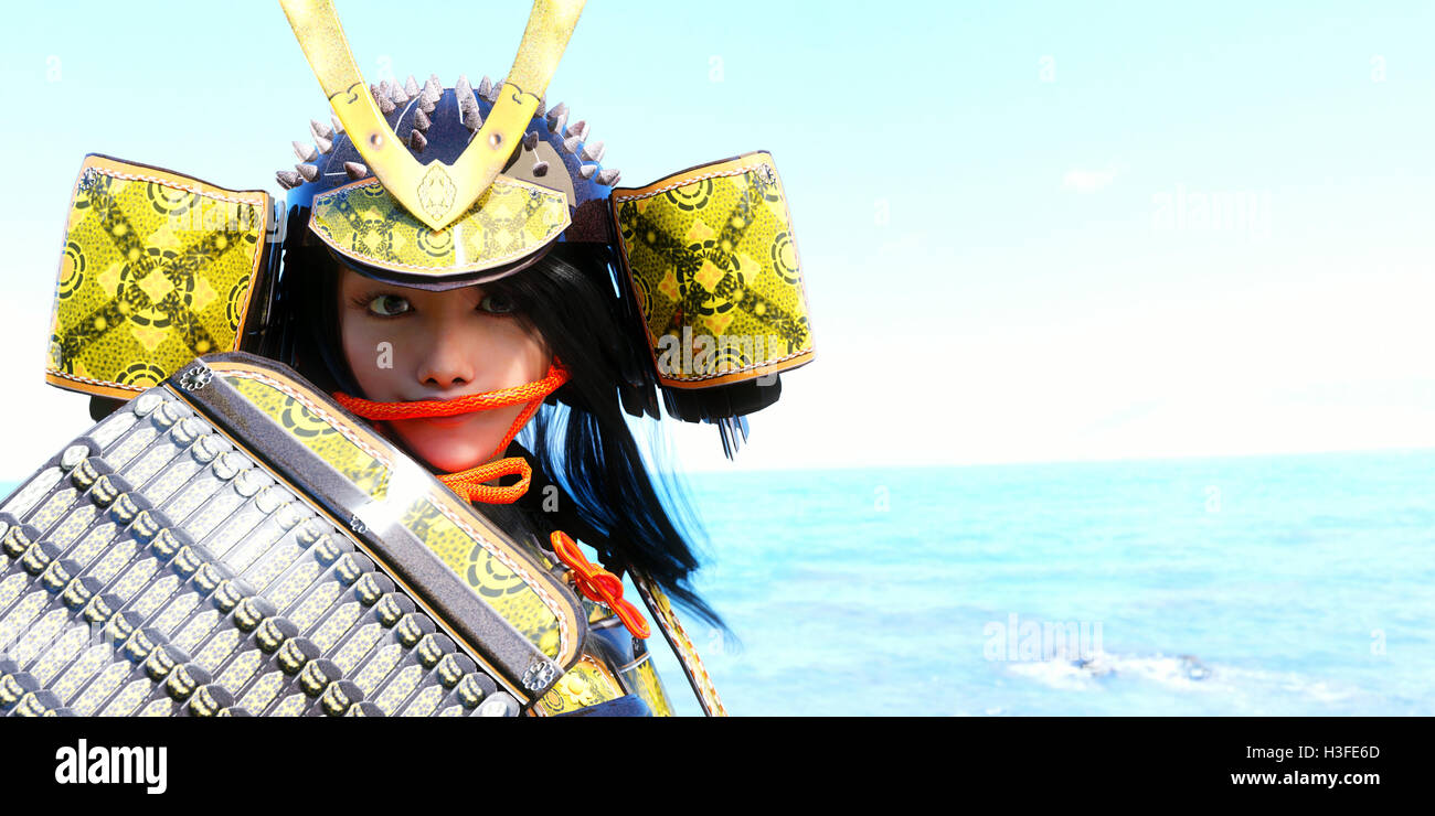 Japanische Frau Samurai Krieg Herrn am Meer Stockfoto