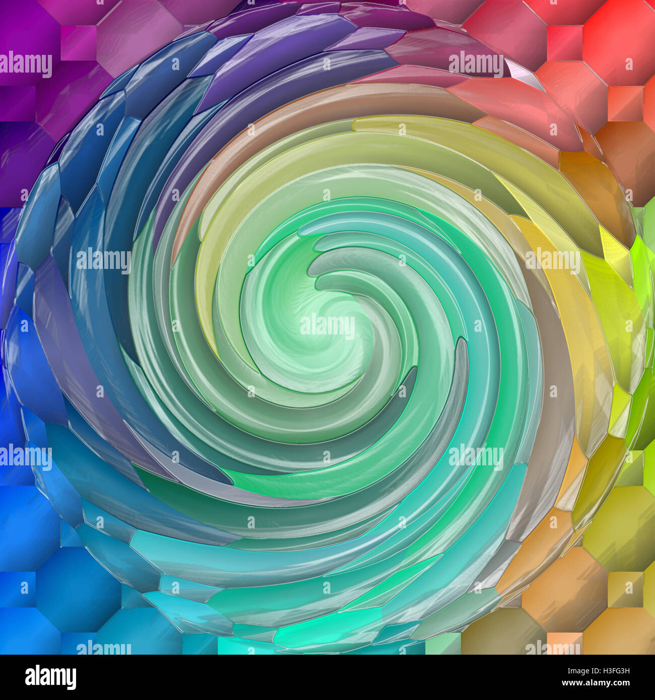 Zusammenfassung Hintergrund des Farbverlaufs Spektren mit visuellen Mosaik, Achteck, wirbeln, Plastikfolie und Spherize Effekte Färbung Stockfoto