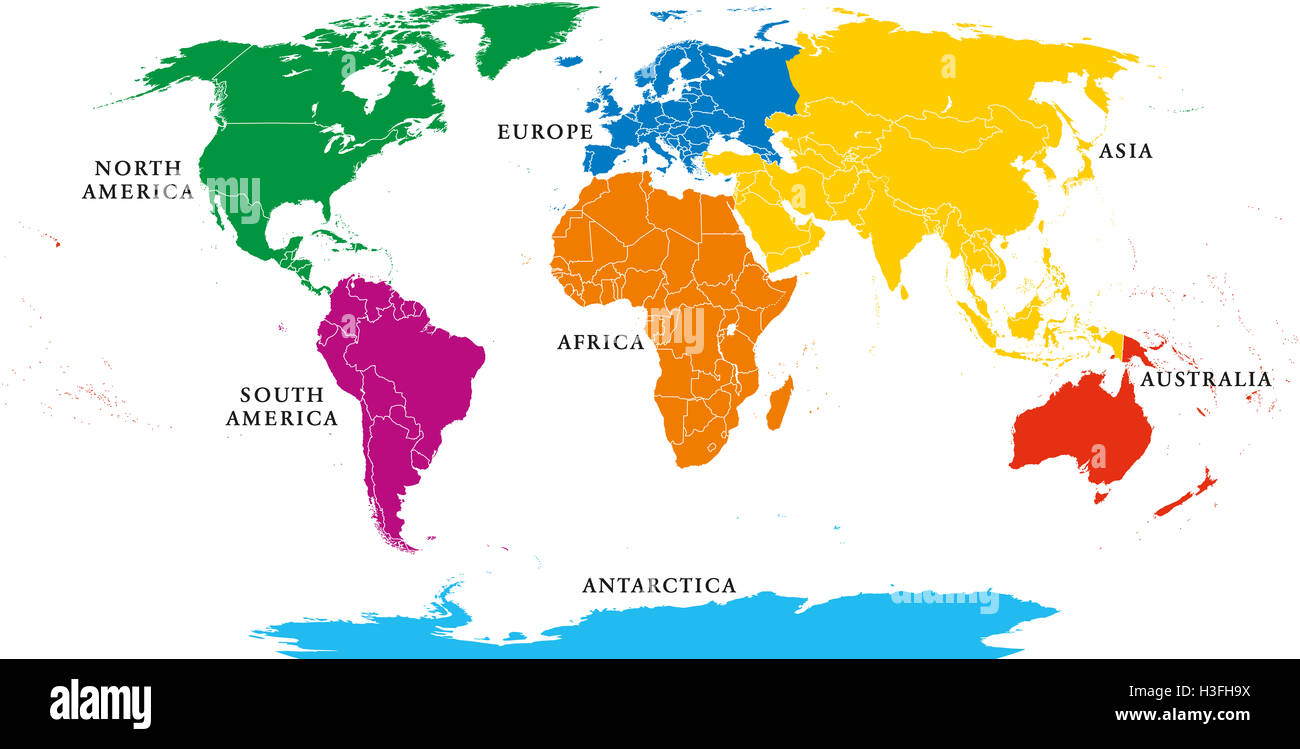 Sieben Kontinente Karte mit nationalen Grenzen. Asien, Afrika, Nord- und Südamerika, Antarktis, Europa und Australien. Stockfoto