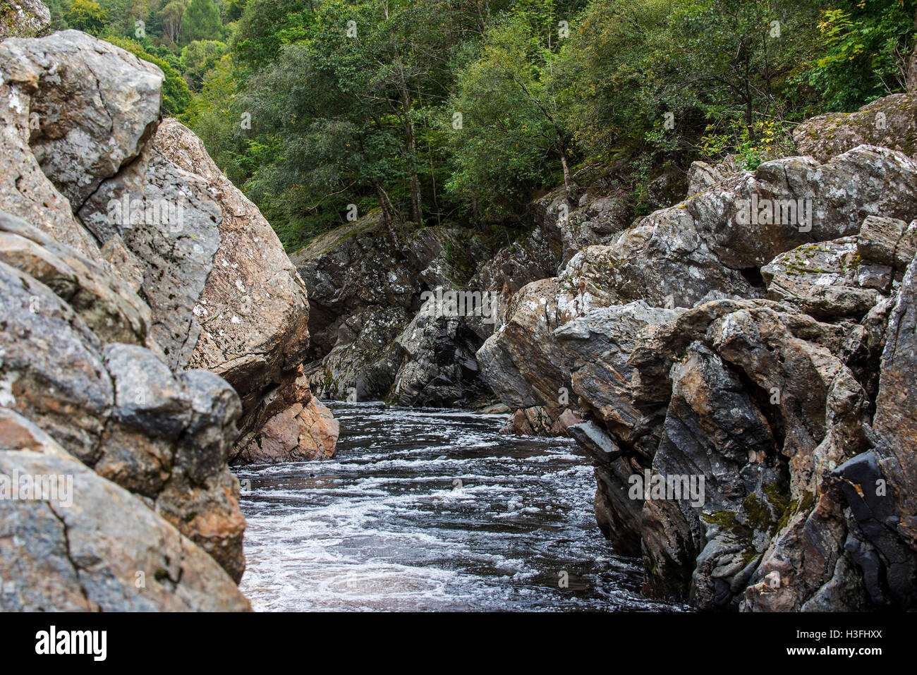 Soldiers Leap, historischen Ort entlang der River Garry am Pass von Killiecrankie, Schottland, Großbritannien Stockfoto