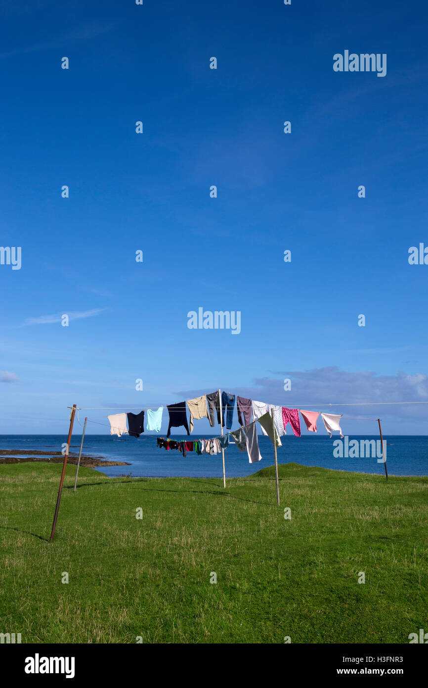 Kleidung auf einer Wäscheleine, Tiree, Inneren Hebriden, Argyll and Bute, Scotland Stockfoto