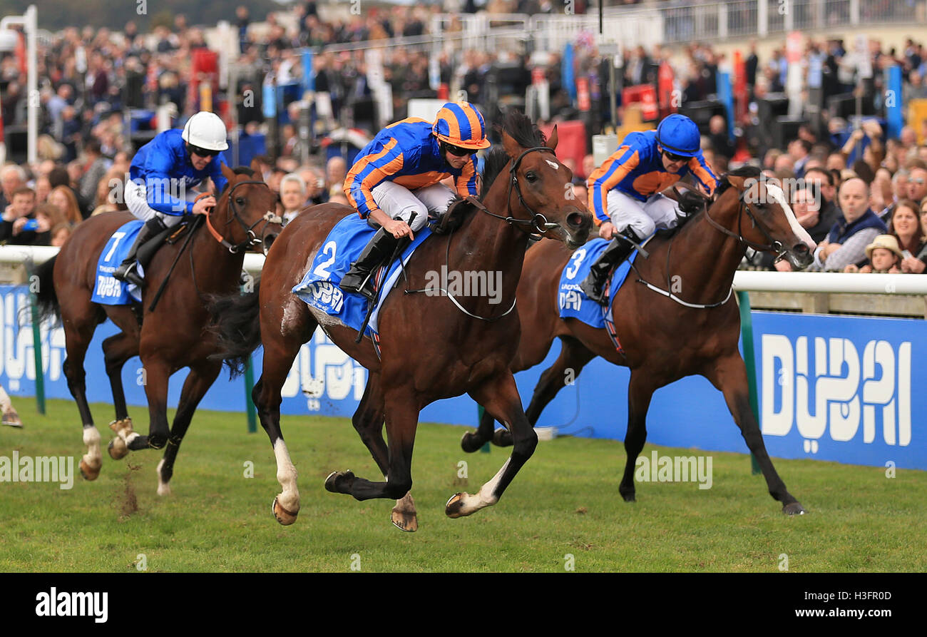 Churchill (Mitte) geritten von Ryan Moore geht auf Win The Dubai Dewhurst Stakes vor Lancaster-Bomber (rechts) im zweiten Tag zwei von der Dubai Future Champions Festival in Newmarket Racecourse von Colm O'Donoghue geritten. Stockfoto