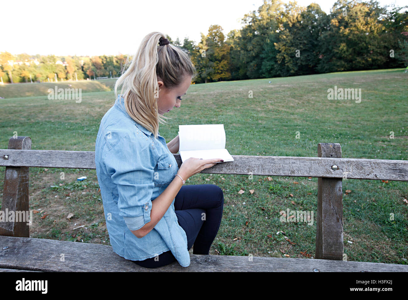 Junge Blondine ein Buch auf der Bank im park Stockfoto