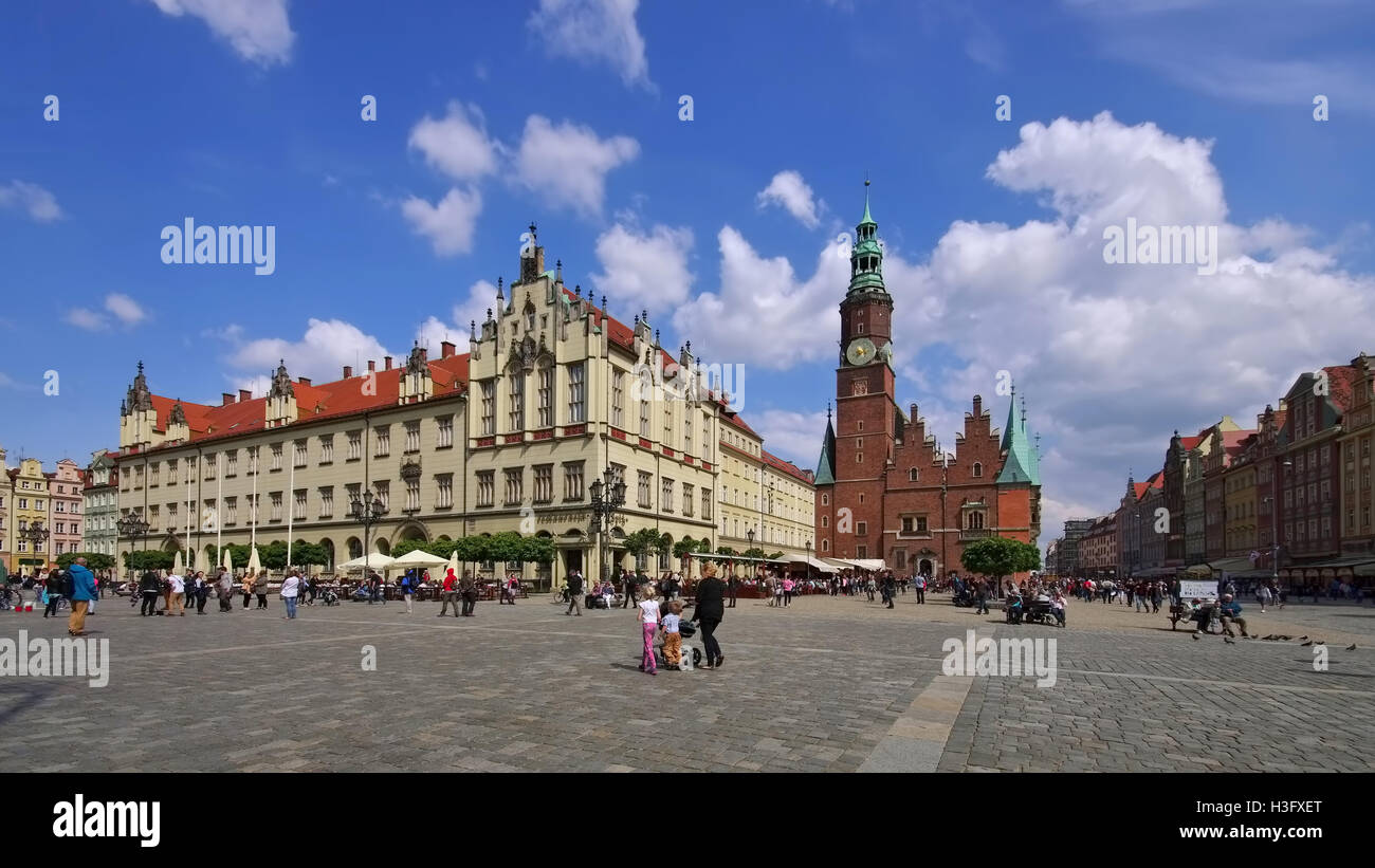 Rathaus von Breslau - Wroclaw, das alte gotische Rathaus und Hauptplatz Stockfoto