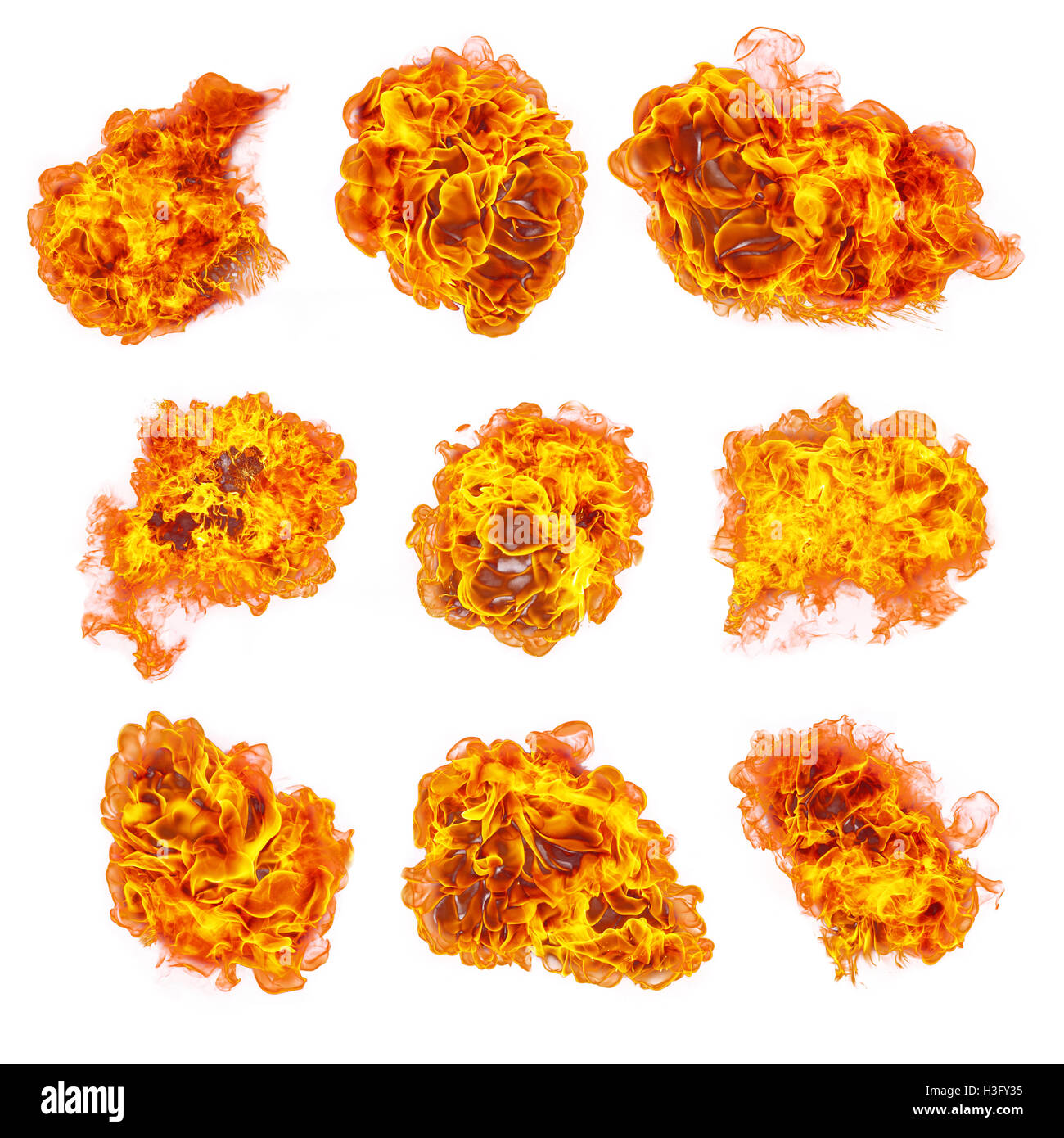 Reihe von verschiedenen Arten von Flammen, isoliert auf weißem Hintergrund. hohe Auflösung Stockfoto
