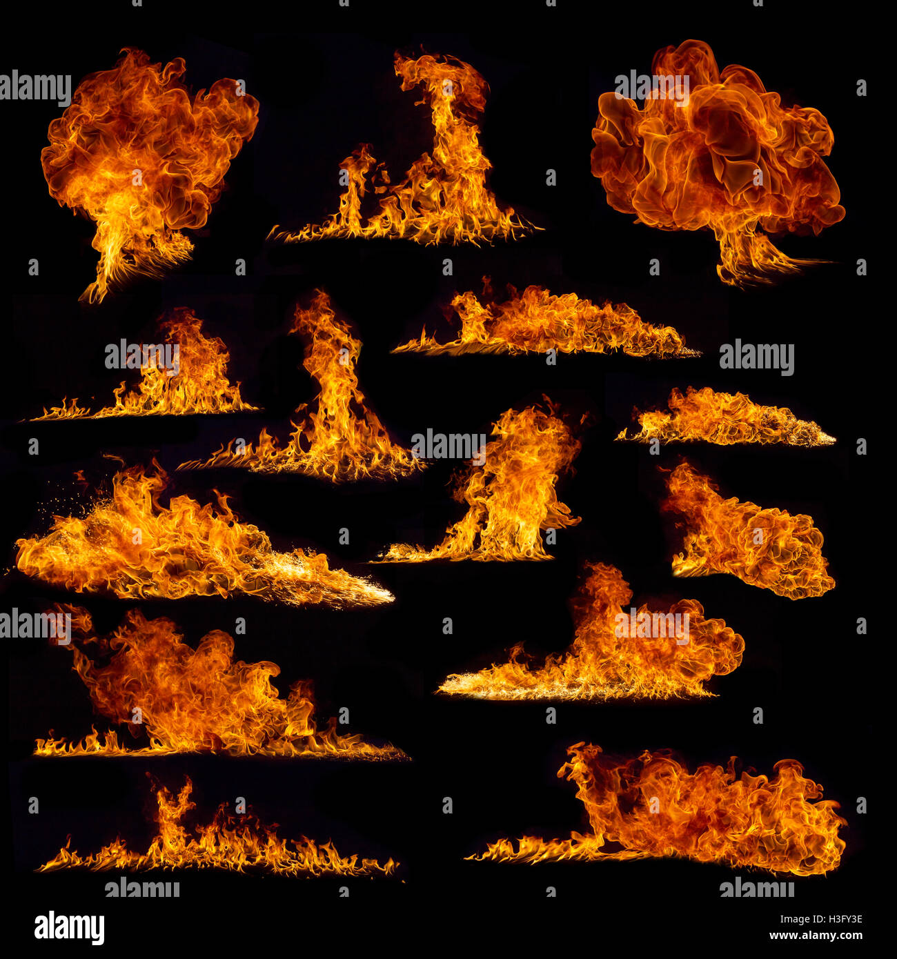 Reihe von verschiedenen Arten von Flammen auf schwarzem Hintergrund isoliert. hohe Auflösung Stockfoto