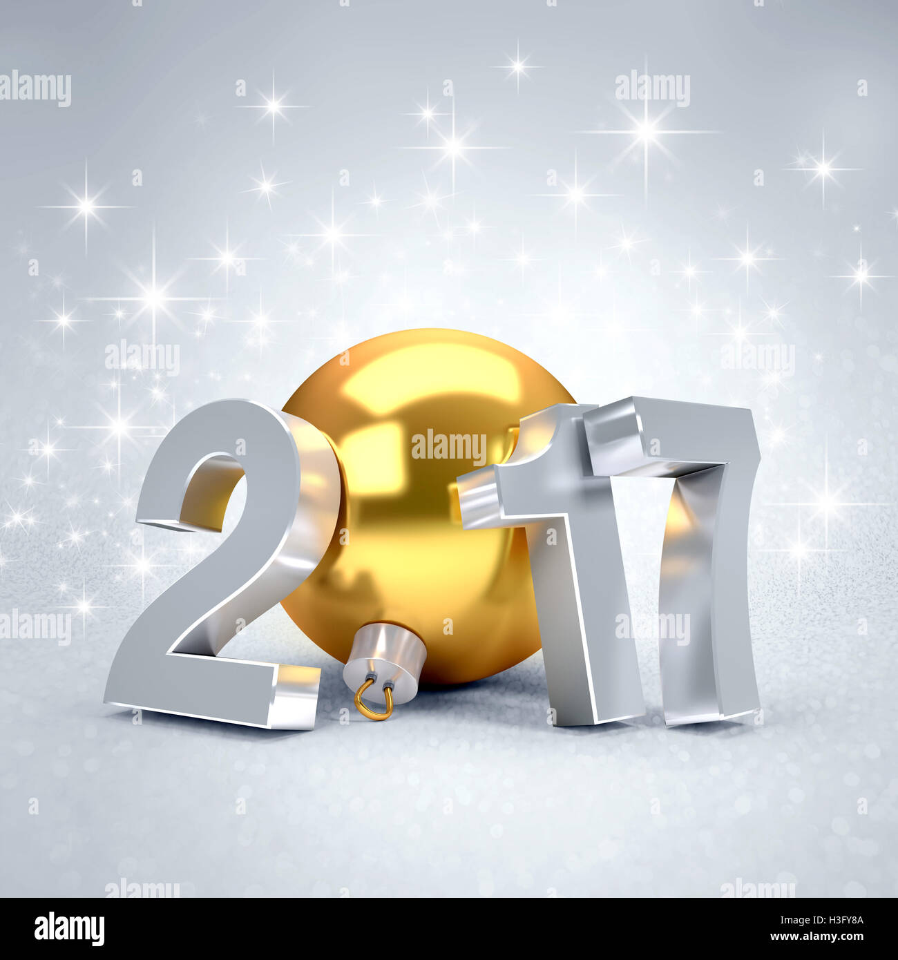 2017 Neujahr geben mit einem gold Weihnachtskugel in glitzerndem Silber - 3D illustration Stockfoto