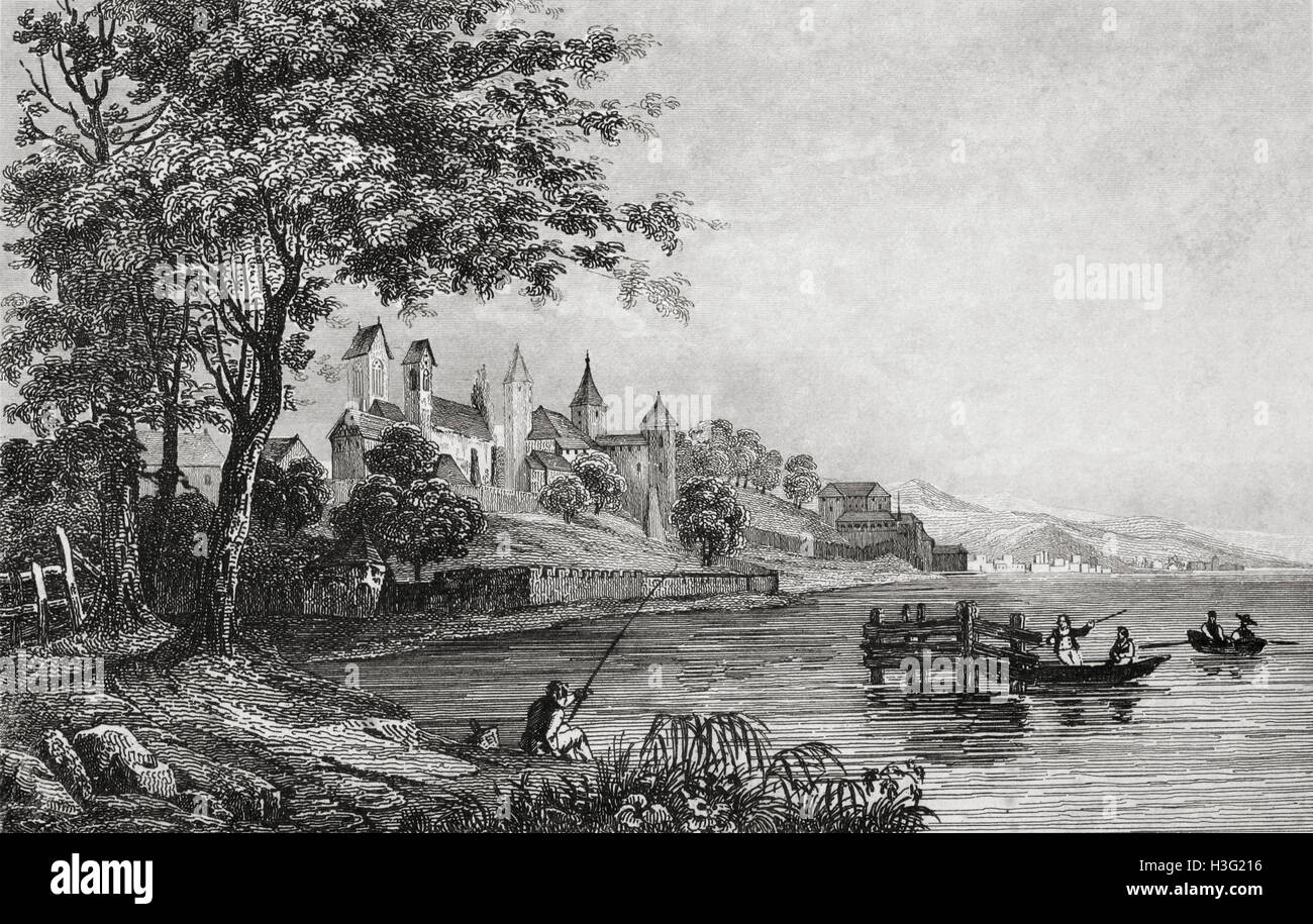 Rapperswil und Zürich-See, Schweiz. 19. Jahrhundert Stahlstich von Rouargue. Stockfoto