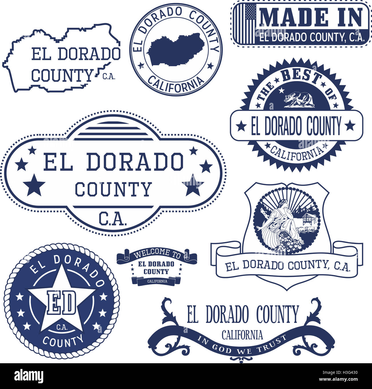 El Dorado County, Kalifornien. Satz von generischen Marken und Zeichen. Stockfoto