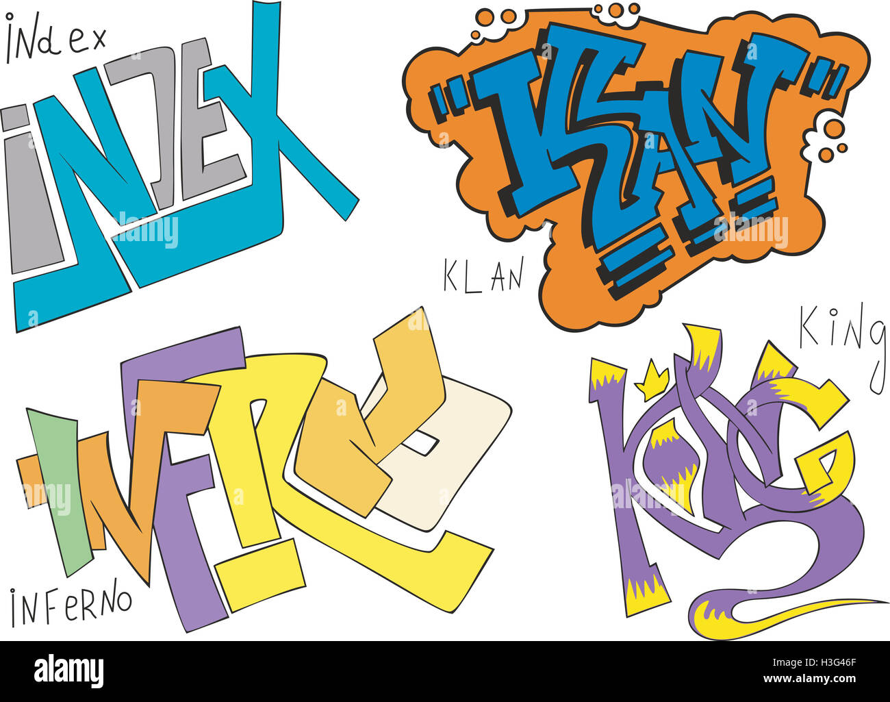 Satz von vier Graffiti-Skizzen - Index, Klan, Inferno und König Stockfoto