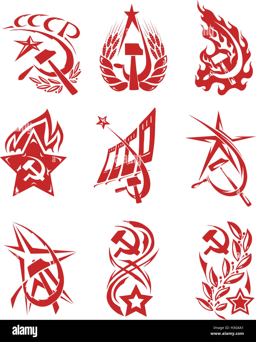 Rote Farbe sowjetischen Symbole mit Sternen, Fahnen und Sichel und hammer Stockfoto