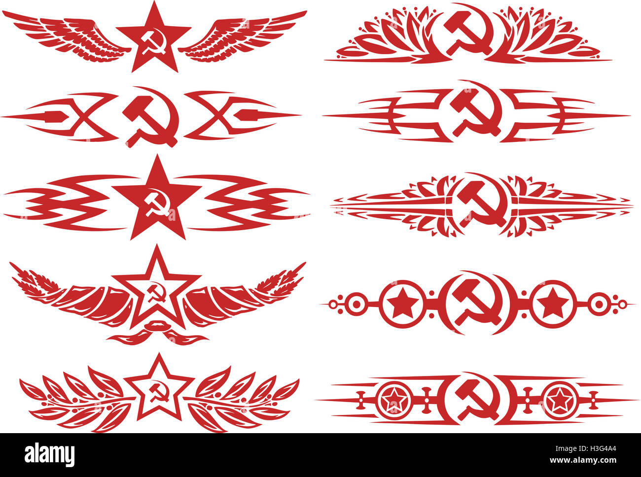 Satz von rot sowjetischen dekorativen typografische Vignetten und Tattoos mit Sternen, Sichel und Hammer und andere sowjetische Symbole Stockfoto