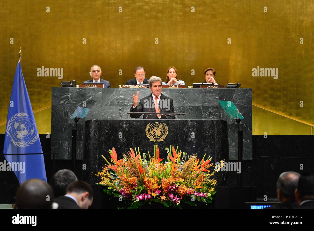 US-Außenminister John Kerry beteiligt sich an der Veranstaltung auf dem UN-Paris Vereinbarung Inkrafttreten bei den Vereinten Nationen in New York City, New York am 21. September 2016. Stockfoto