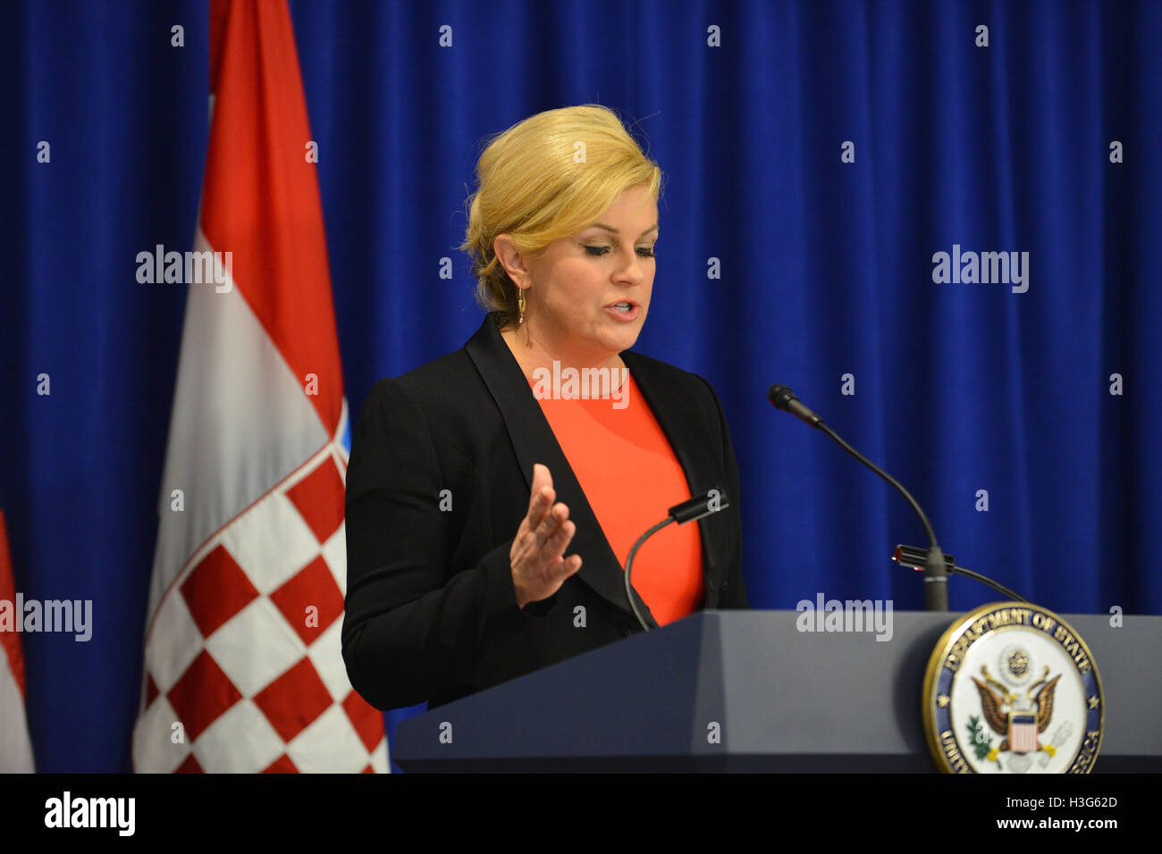 Der kroatische Präsident Kolinda Grabar-Kitarović liefert Bemerkungen an den gleichen Futures Partnertreffen, im Palace Hotel in New York City, New York am 22. September 2016. Stockfoto
