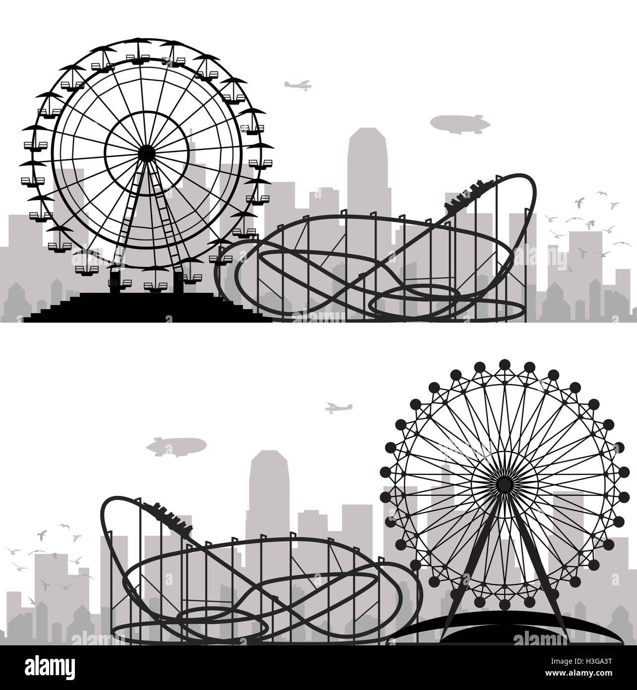 Vektor Hintergrund einer Stadt und Vergnügungspark mit Riesenrad und Achterbahn Stock Vektor