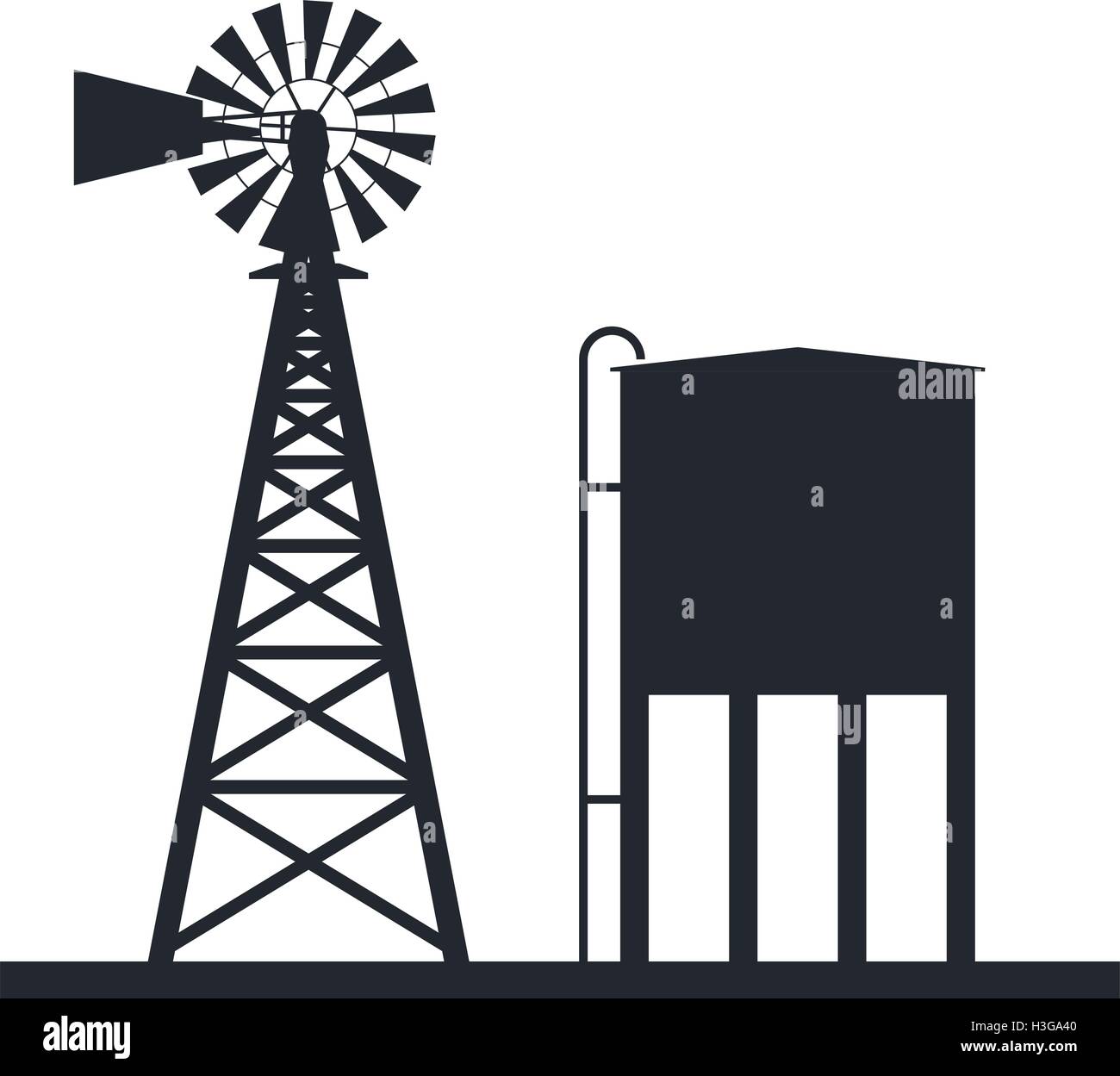 Vektor-schwarzen und weißen Hintergrund der ländlichen Windpumpe und Wassertank Stock Vektor