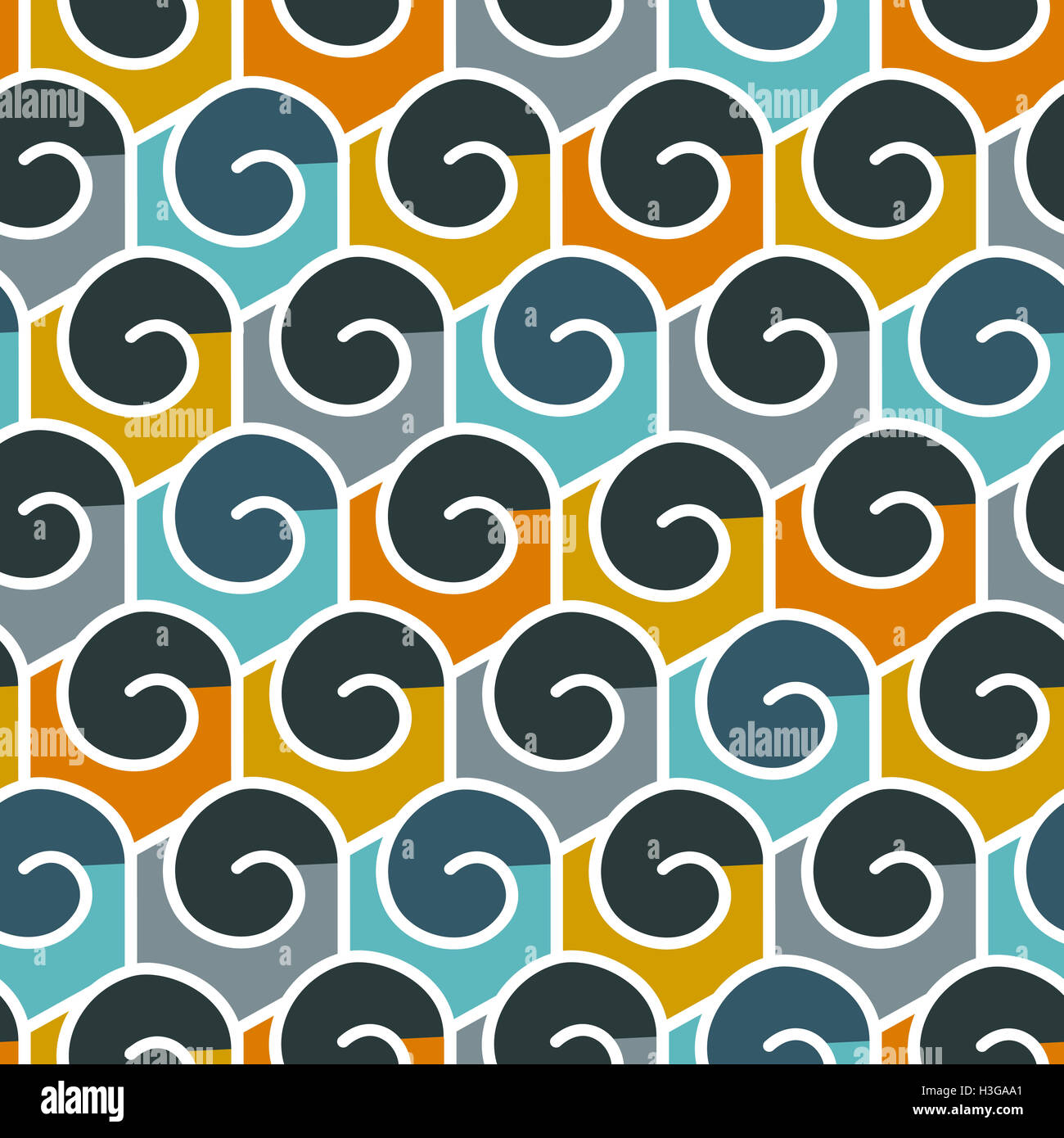 Geometrische abstrakte Musterdesign. Lineare Motiv Hintergrund. Bunte Formen von Spiralen und hexagonalen Gitter Stockfoto