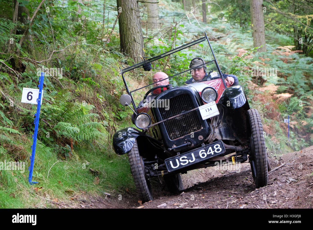 Smatcher, neue Radnor, Powys, Wales, UK - Samstag, 8. Oktober 2016 - ein 1930 Austin 7 im Vintage Sports Car Club (VSCC) Hügel konkurriert Aufstieg an der Smatcher einem steilen bewaldeten Hügel in Powys. Wettbewerber nicht für Geschwindigkeit oder Zeit Punkte, aber wie weit den Berg hinauf gelingt es Ihnen, ihre Oldtimer Sportwagen zu fahren. Stockfoto