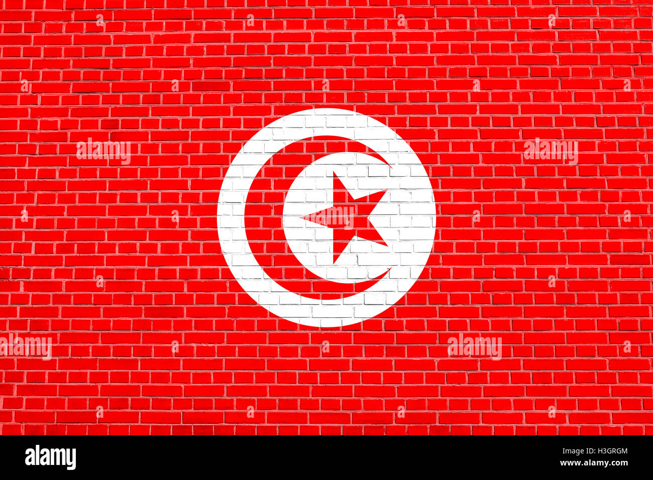 Tunesische offizielle Nationalflagge. Afrikanische patriotischen Symbol, Banner, Element, Hintergrund. Flagge von Tunesien auf Ziegel Wand Textur Stockfoto