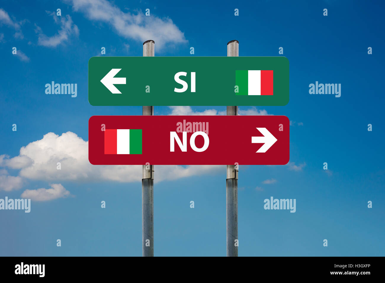 zwei Verkehrsschilder und italienischen Referendum SI (ja) und Nein (Nein) Stockfoto