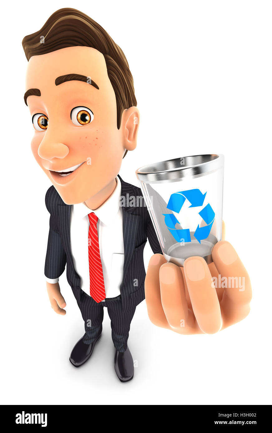 3D Geschäftsmann hält Mülleimer Symbol, Abbildung mit isolierten weißen Hintergrund Stockfoto