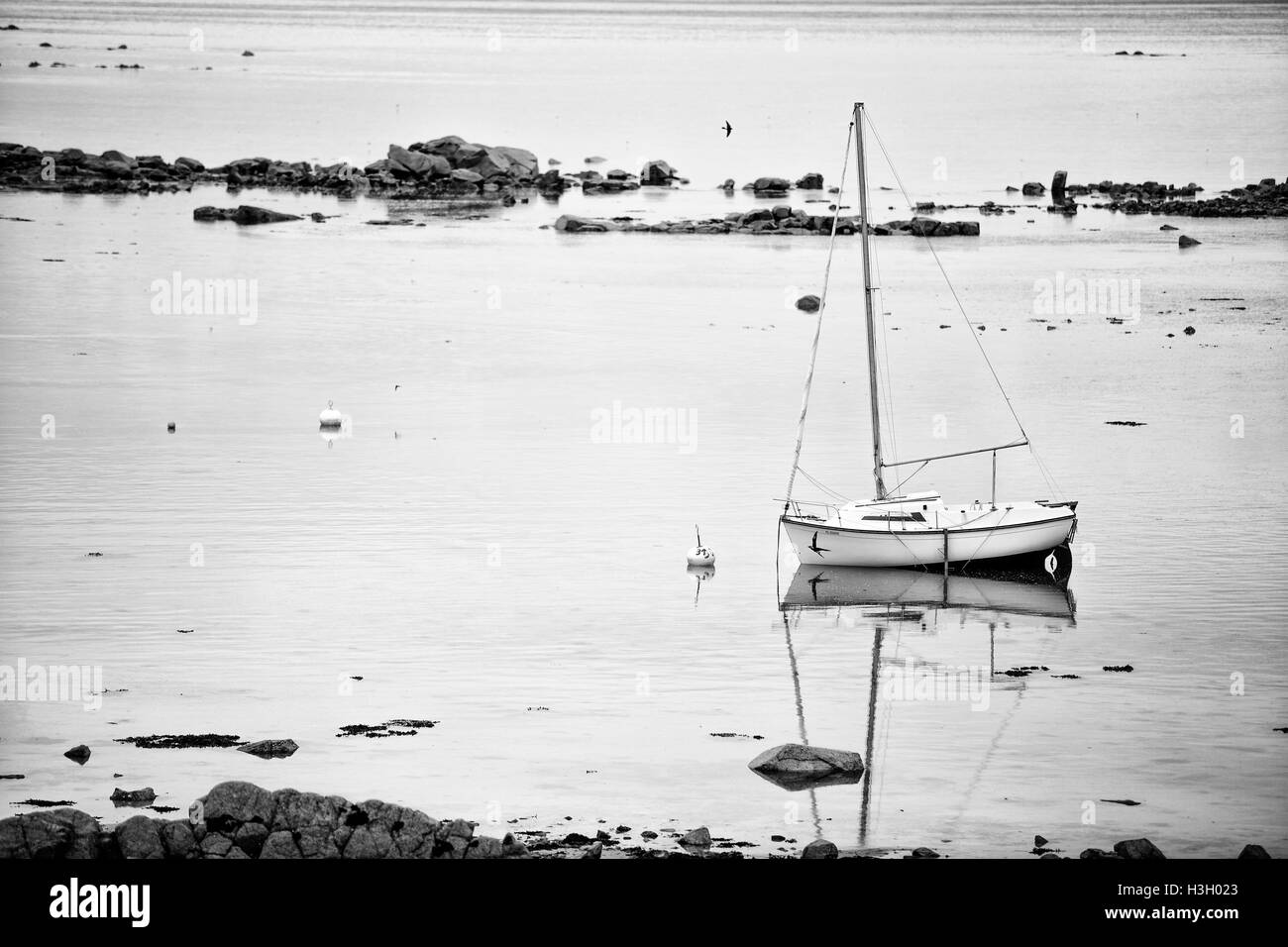 Landschaft mit Segelboot vor Anker in der Nähe der Küste in Brittany France Stockfoto