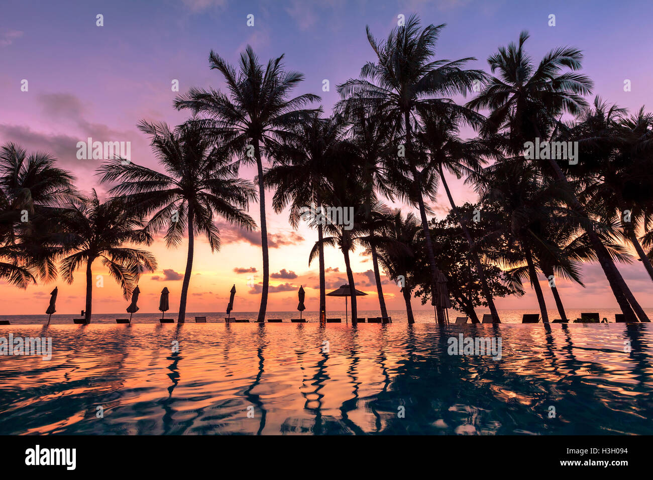 Schöne Aussicht vom Luxushotel im tropischen Land, Schwimmbad, Silhouette von Palmen, Strand und Sonnenuntergang Stockfoto
