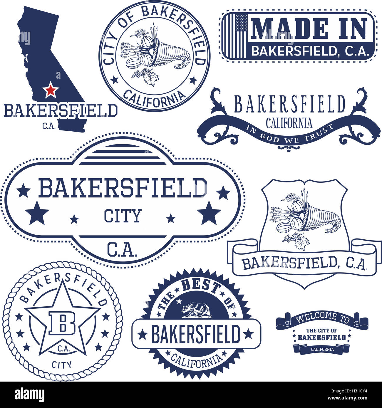 Reihe von generischen Stempel und Schilder von Bakersfield City, Kalifornien Stockfoto