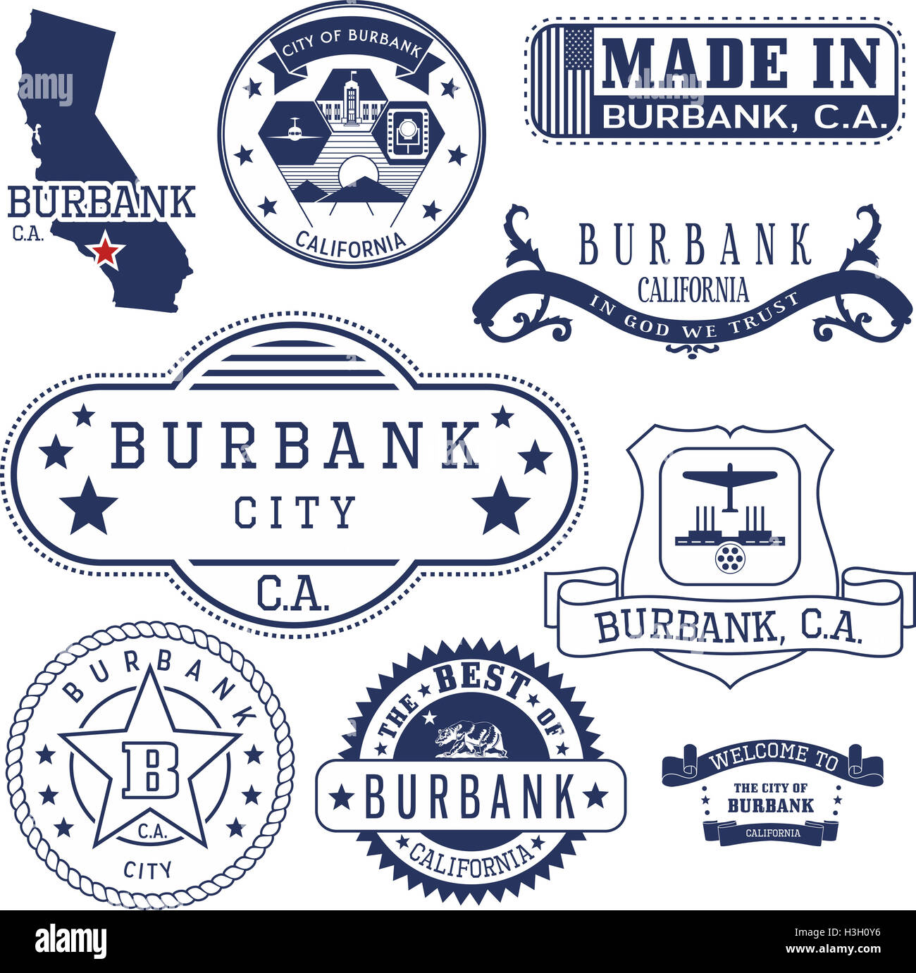 Reihe von generischen Marken und Zeichen der Burbank City, Kalifornien Stockfoto