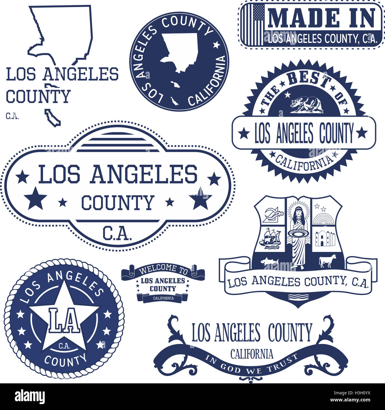 Los Angeles County, Kalifornien. Generische Marken und Zeichen einschließlich Los Angeles County Karte und Elemente zu versiegeln. Stockfoto