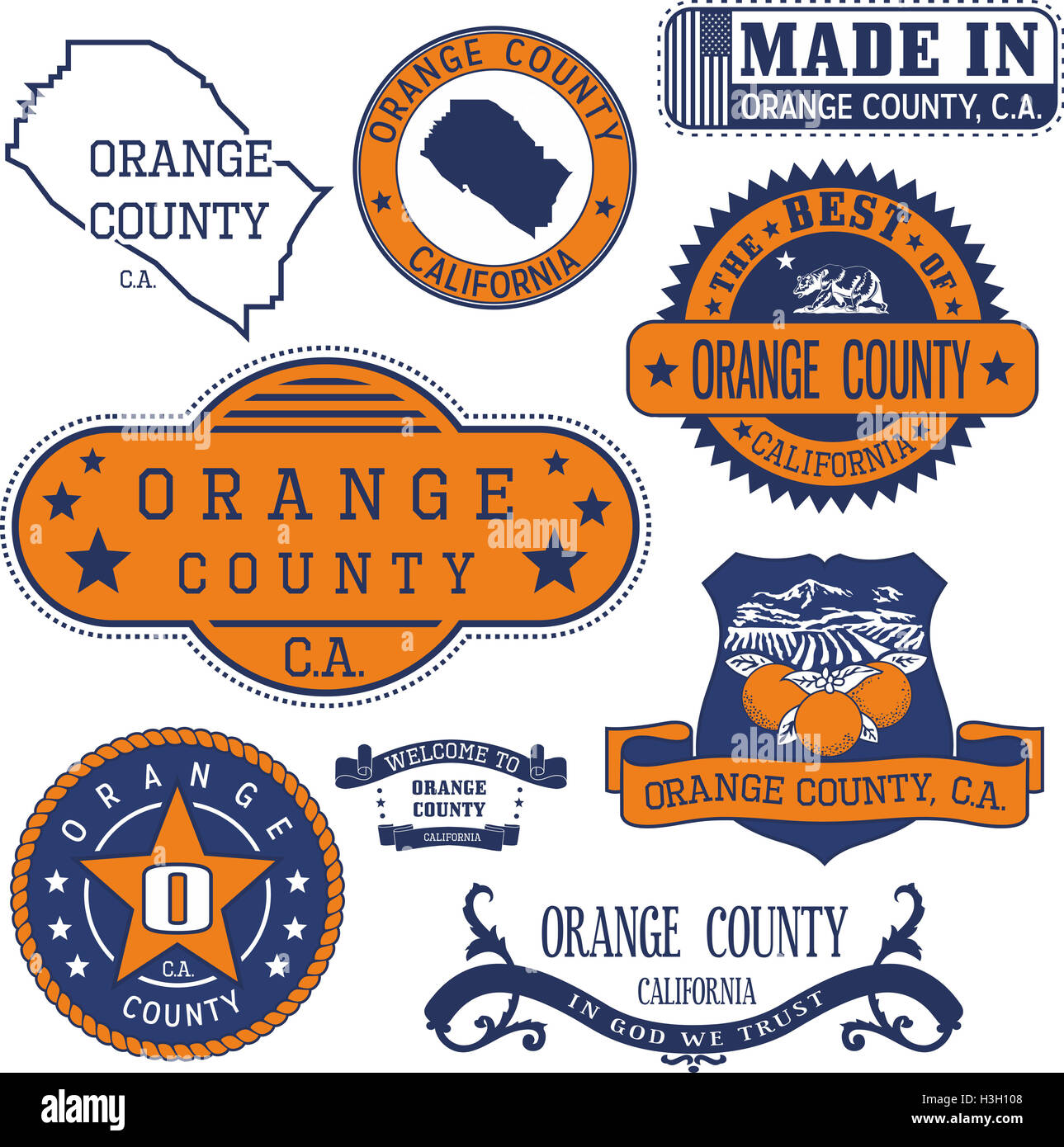 Orange County, Kalifornien. Generische Marken und Zeichen einschließlich Orange County Karte und Elemente zu versiegeln. Stockfoto