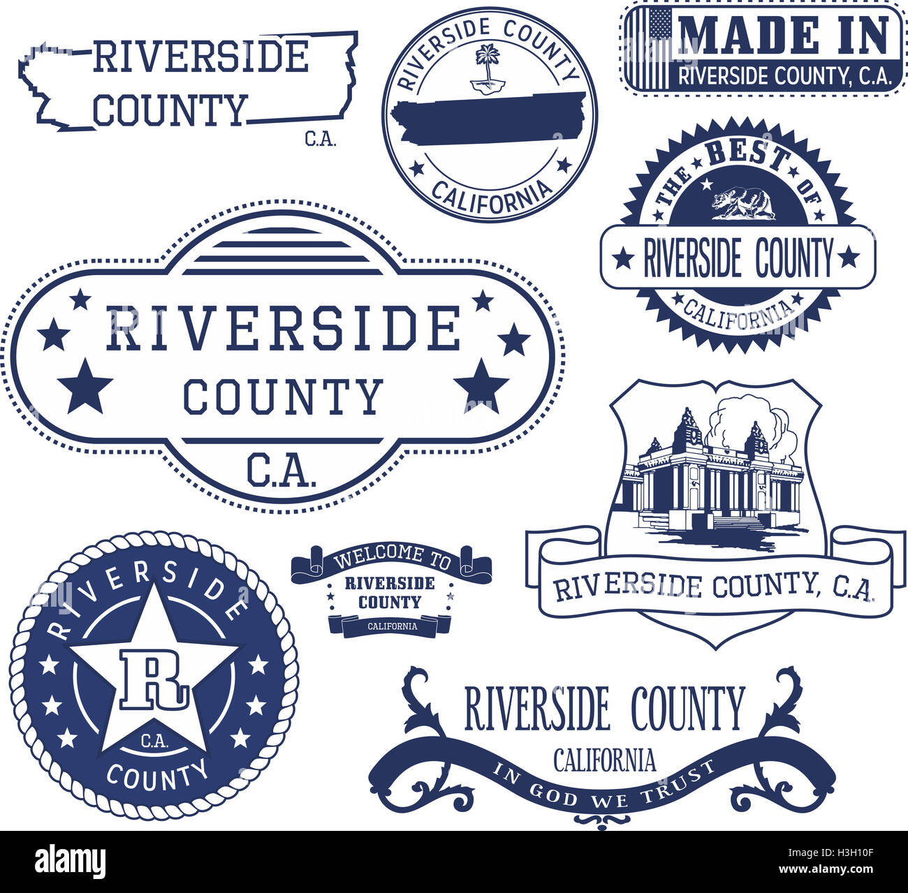 Riverside County, Kalifornien. Generische Marken und Zeichen einschließlich Riverside County Karte und Elemente zu versiegeln. Stockfoto