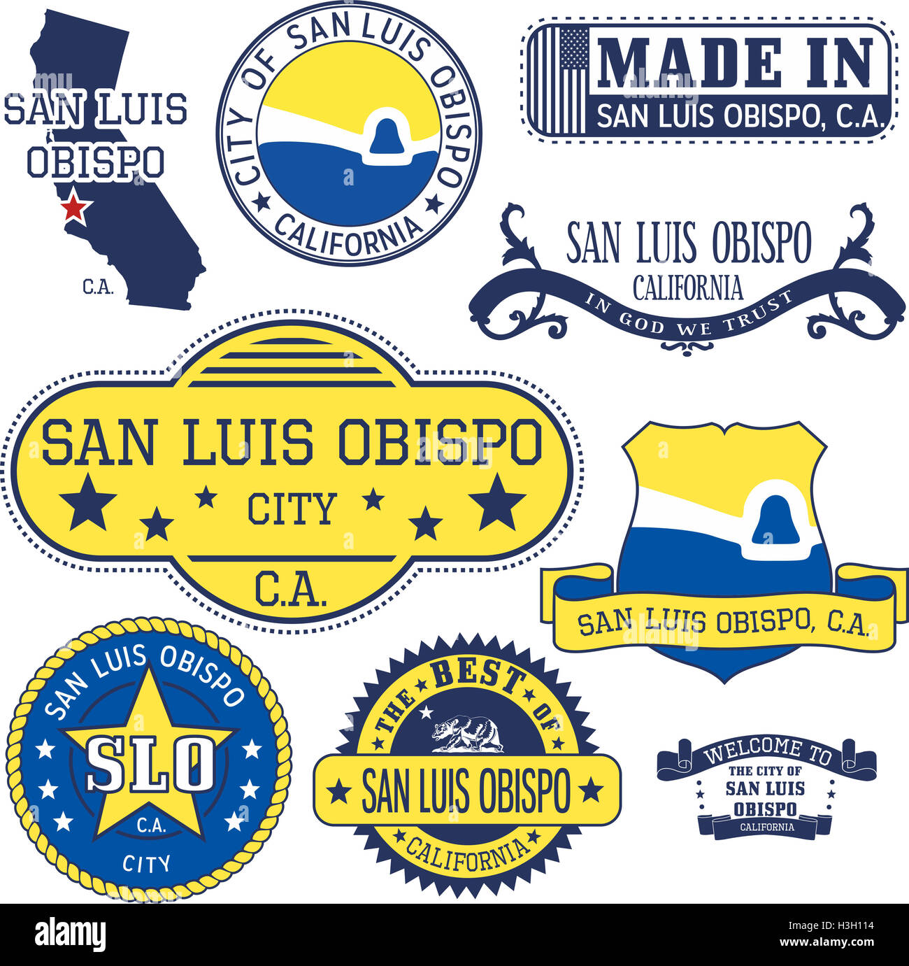 San Luis Obispo City, Kalifornien. Satz von generischen Marken und Zeichen. Stockfoto