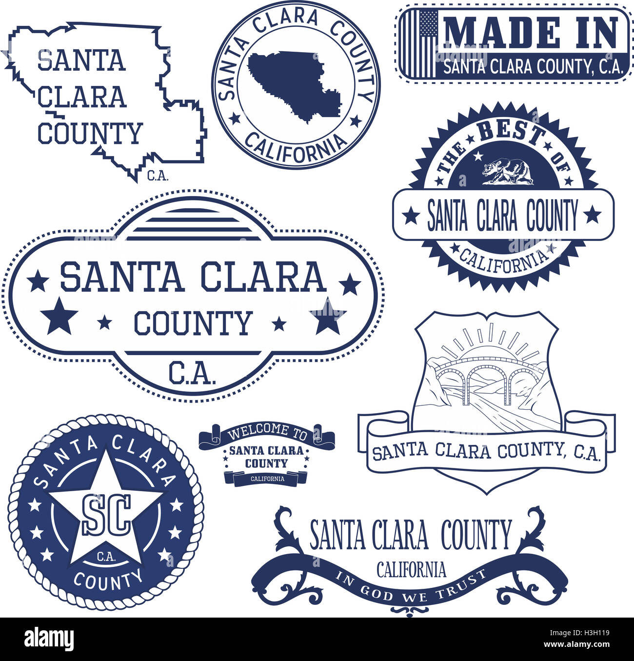 Santa Clara County, Kalifornien. Generische Marken und Zeichen, einschließlich Santa Clara County Karte und Elemente zu versiegeln. Stockfoto