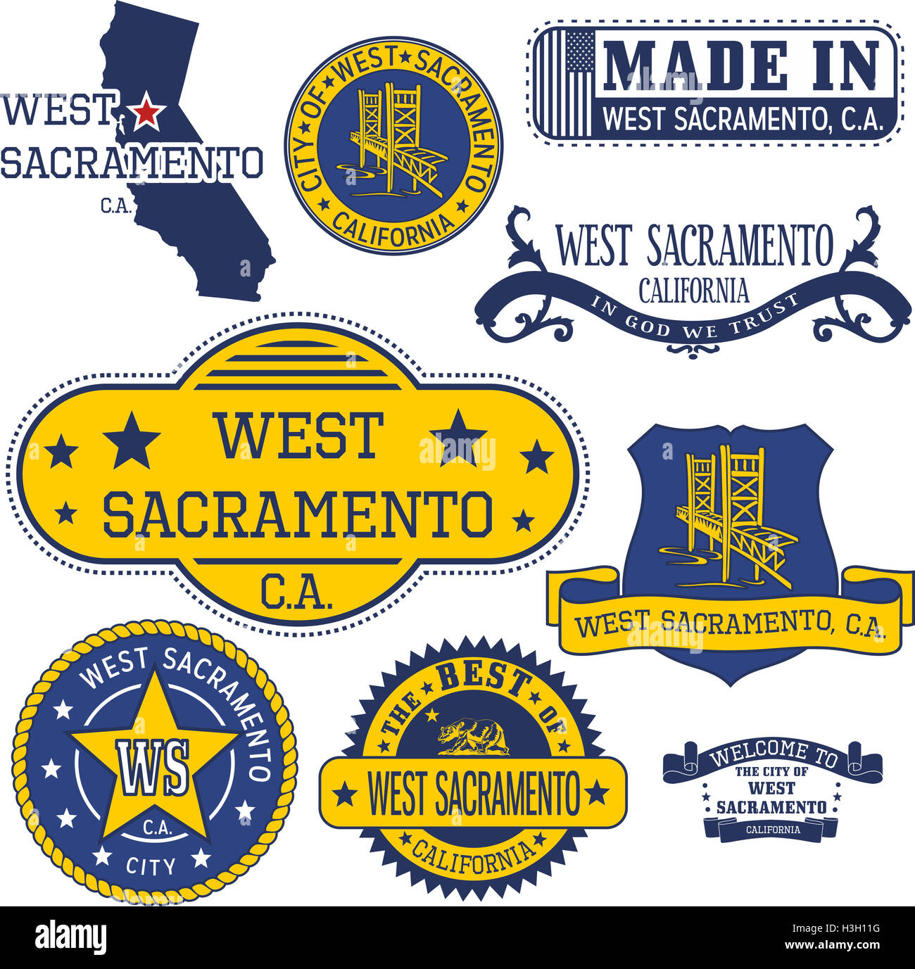 Reihe von generischen Marken und Zeichen der City West Sacramento, Kalifornien Stockfoto