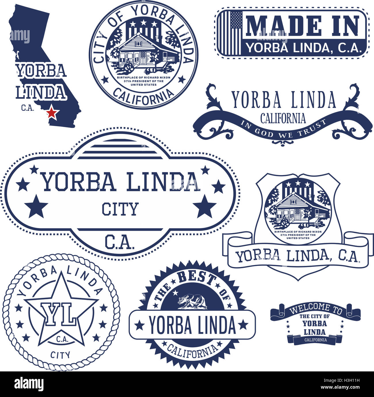 Yorba Linda City, Kalifornien. Satz von generischen Marken und Zeichen. Stockfoto