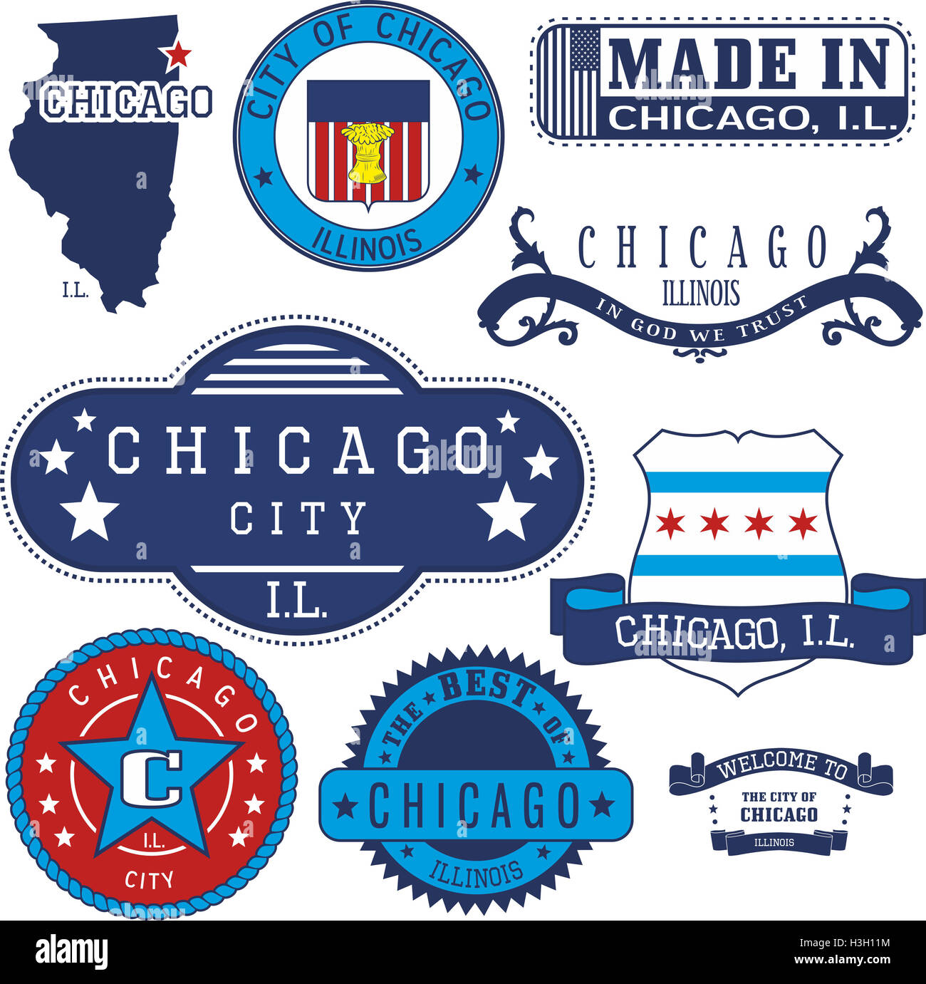 Stadt von Chicago, Illinois. Satz von generischen Marken und Zeichen. Stockfoto