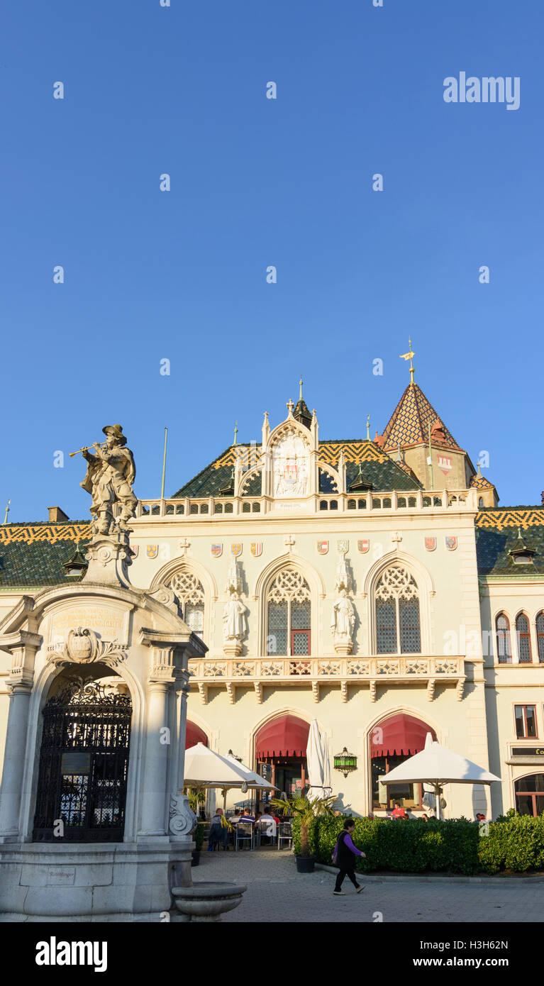 Korneuburg: Rathaus, Stadtturm, Ratte Catcher Brunnen am Hauptplatz (Hauptplatz), Donau, Niederösterreich, Niederösterreich, Austr Stockfoto