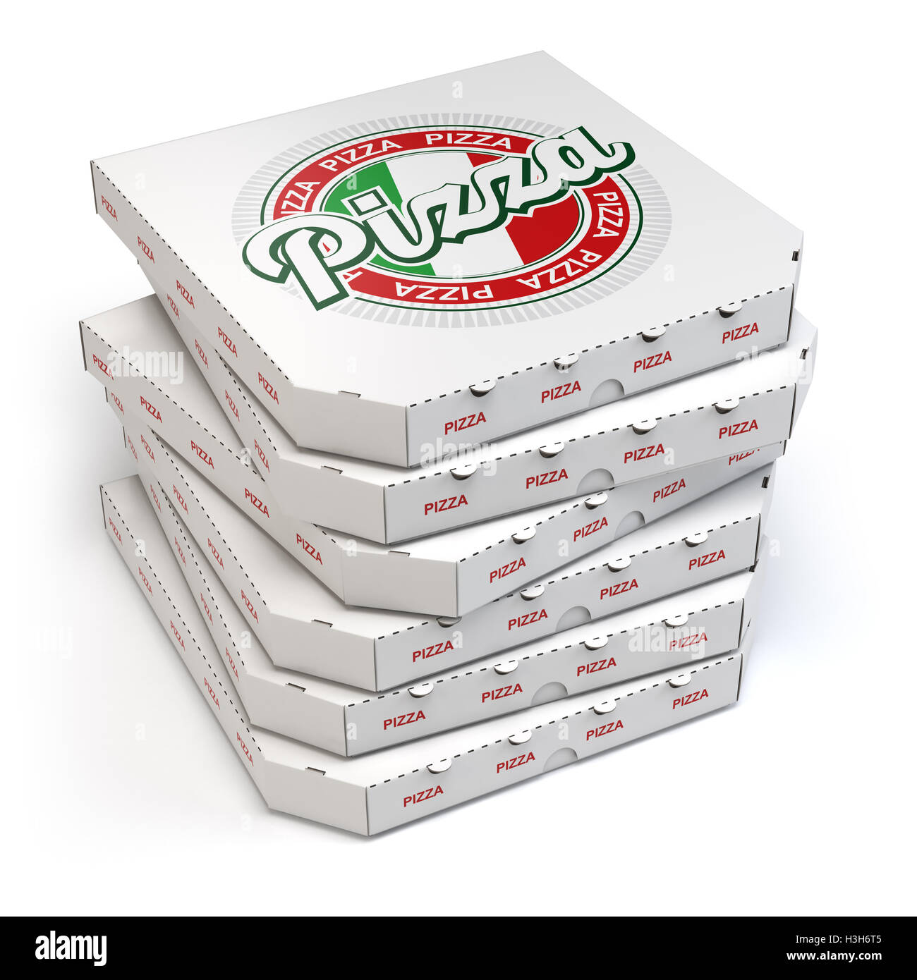 Pizza-Boxen Stack isoliert auf weiss, 3d Illustration Stockfoto