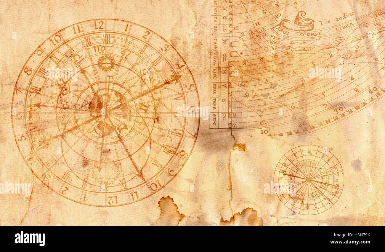 Astronomische Uhr im Grunge-Stil nützlich als Hintergrund - Seitenverhältnis von 16:9 Stockfoto