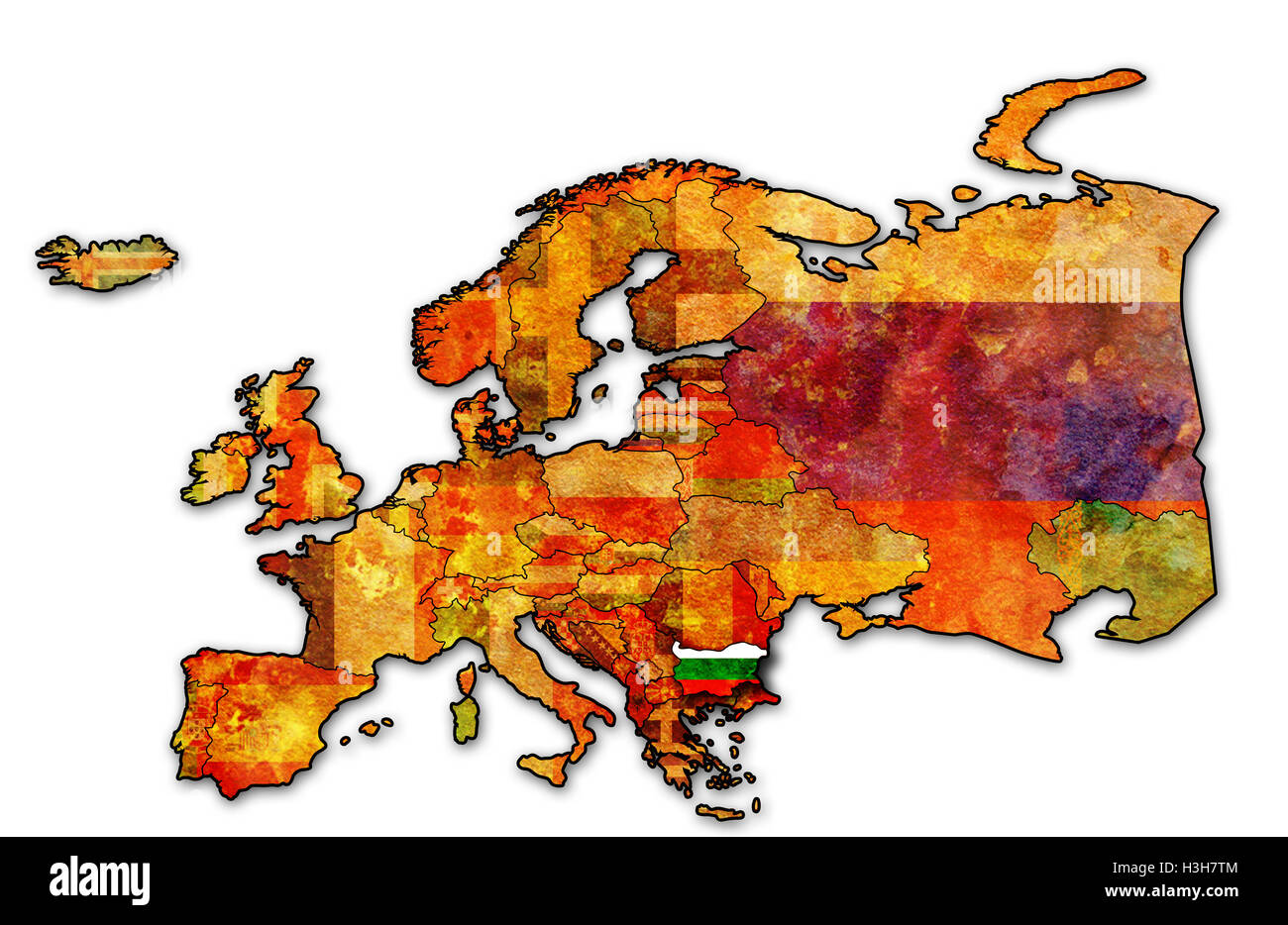 einige sehr alte Grunge-Karte von Bulgarien mit Flagge auf der europäischen Landkarte Stockfoto
