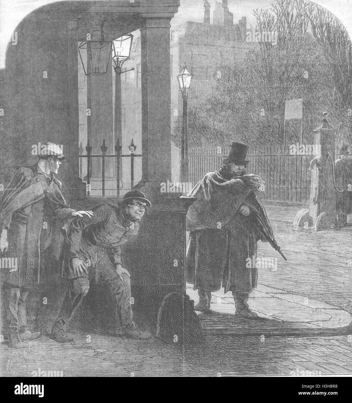 LONDON Garotters liegend, warten Szene London Square 1863. Illustrierte London News Stockfoto