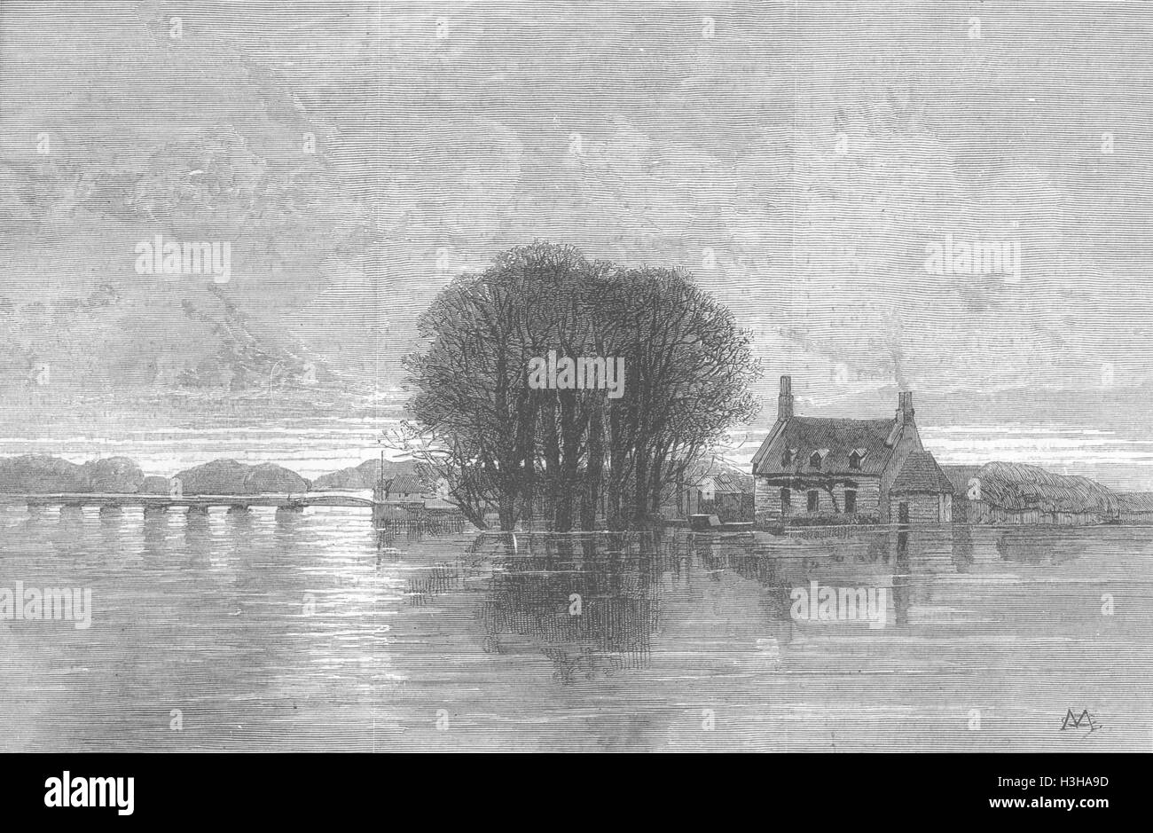 NORTHANTS Fen Fluten zwischen Peakirk & Crowland 1880. Illustrierte London News Stockfoto