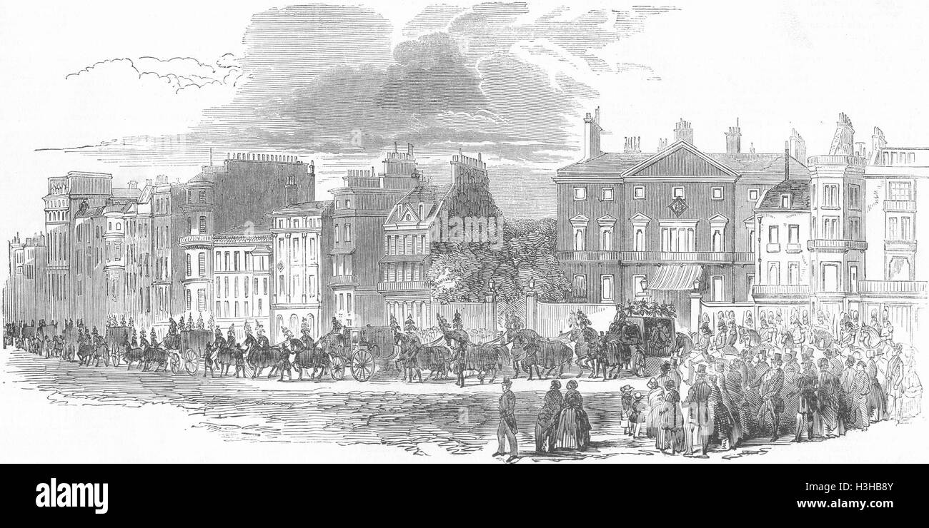 CAMBRIDGE HOUSE Funeral Parade verlassen, Piccadilly 1850. Illustrierte London News Stockfoto
