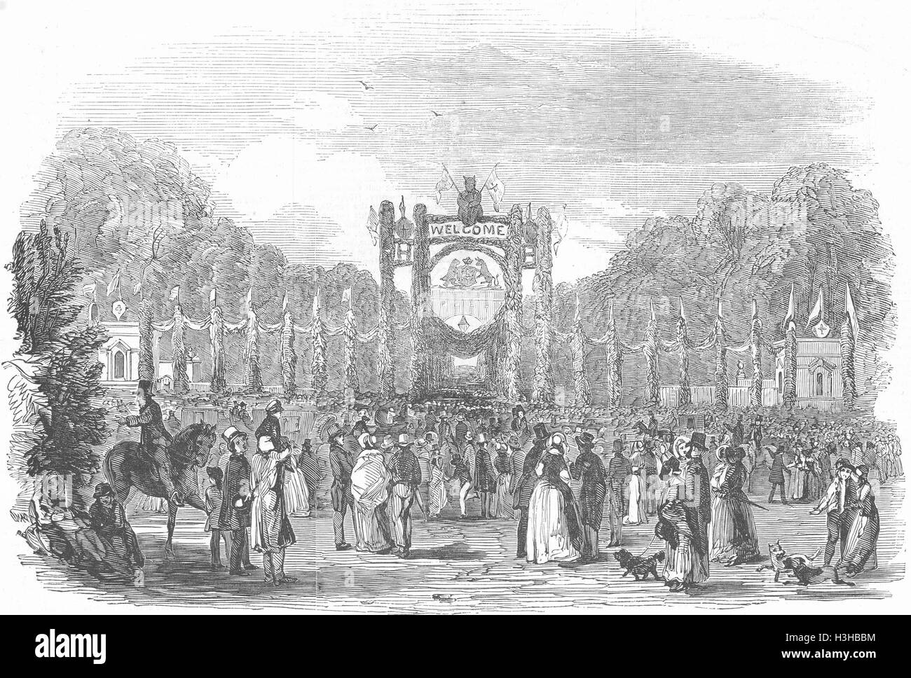 HAREWOOD HOUSE Triumphal Arch-Mieter Parade 1845. Illustrierte London News Stockfoto