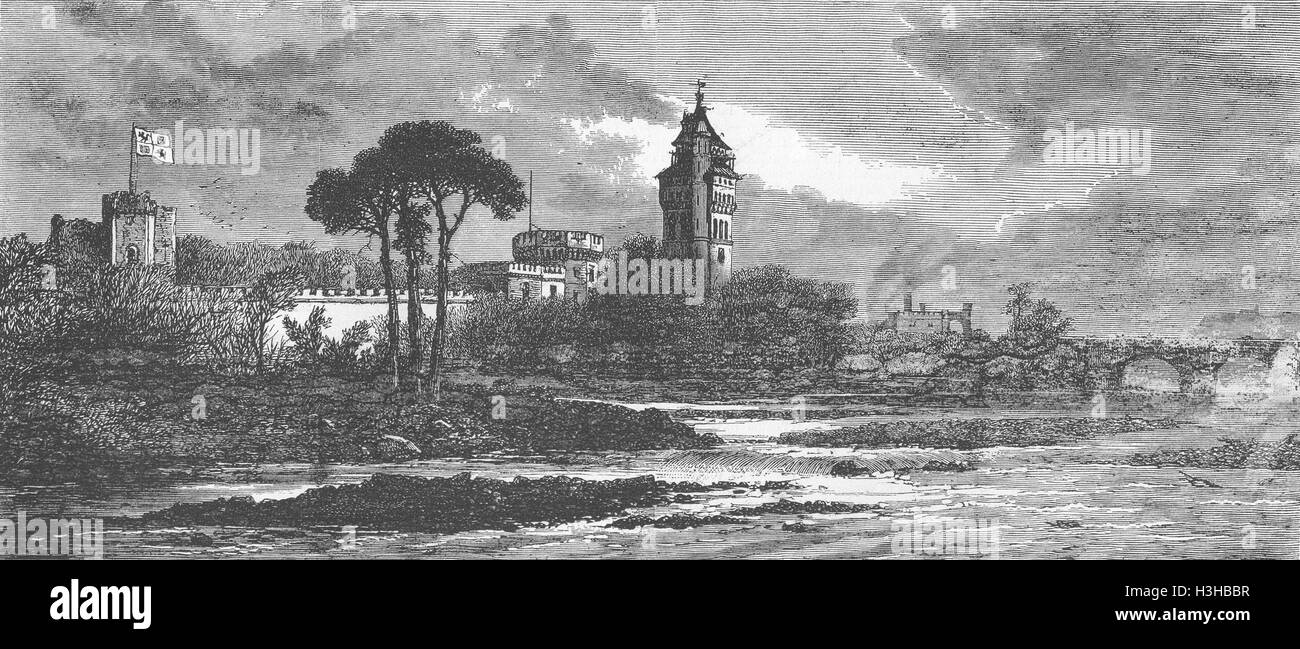 CARDIFF Castle-neue Turm, vom Fluss Taff 1872. Die Grafik Stockfoto