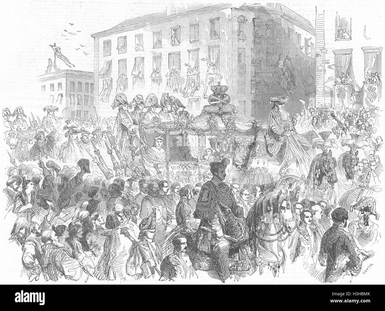 MADRID-Parade der Königin Isabella zu kirchlichen Atocha 1852. Illustrierte London News Stockfoto