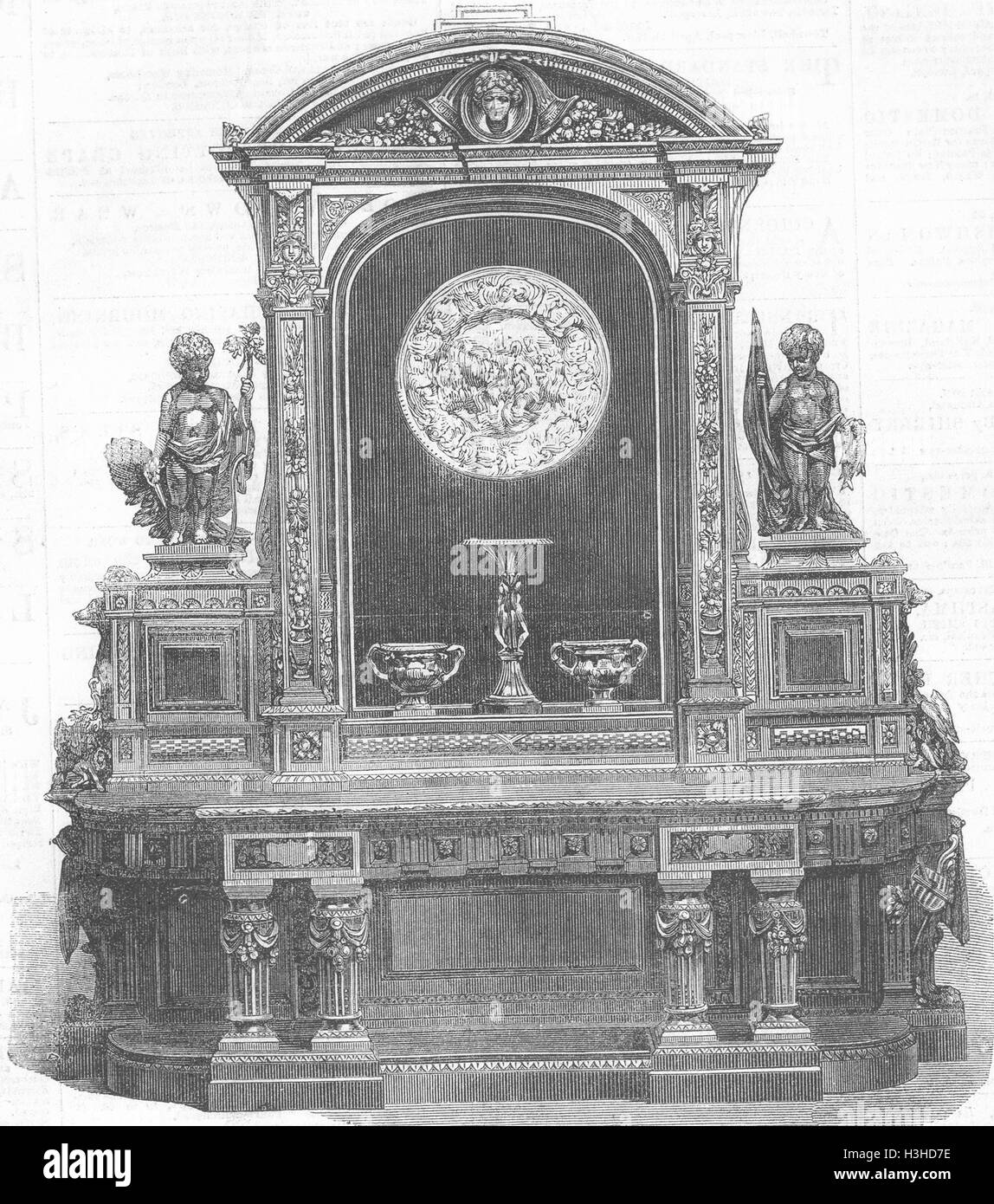 DEKORATIVE Carved Eiche & Ebenholz Sideboard, Trollope 1867. Illustrierte London News Stockfoto