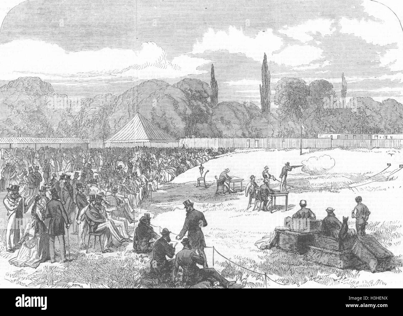 Vögel-Tontaubenschießen Spiel der Hurlingham Club 1869. Illustrierte London News Stockfoto