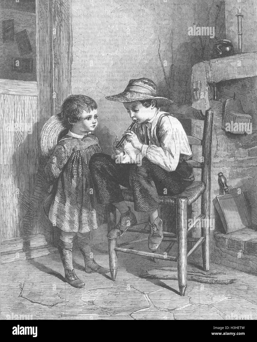 Kinder die Lektion über das Flageolett 1860. Illustrierte London News Stockfoto